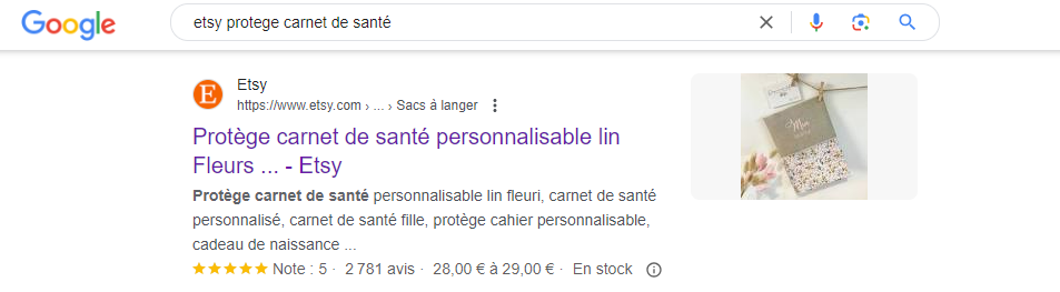 page google montrant un résultat pour une recherche etsy, afin de montrer l'importance des titres et description méta pour le référencement sur Etsy