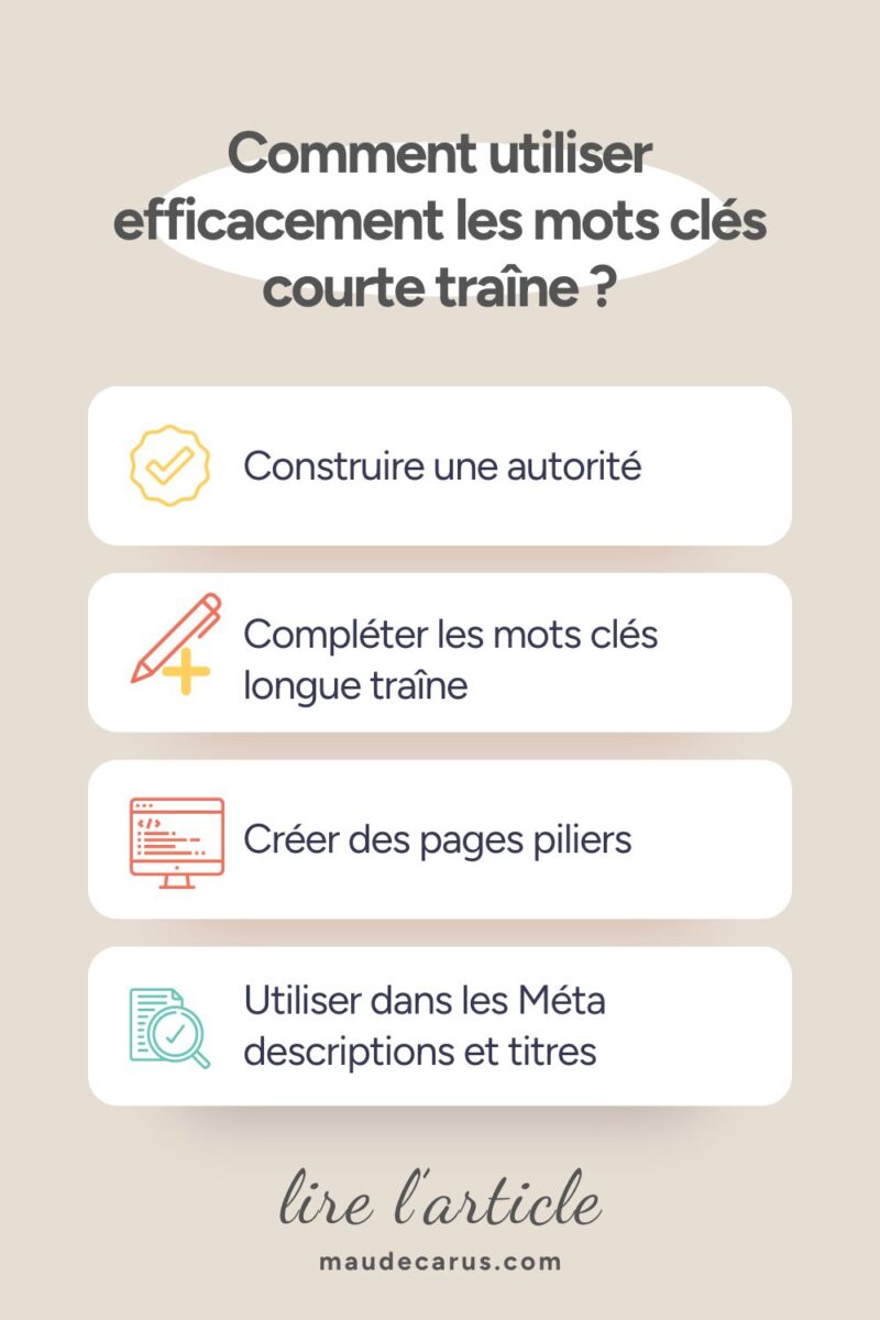 Infographie de l'article "Comment utiliser les mots clés courte traîne et les mots clés longue traîne" : Comment utiliser efficacement les mots clés courte traîne