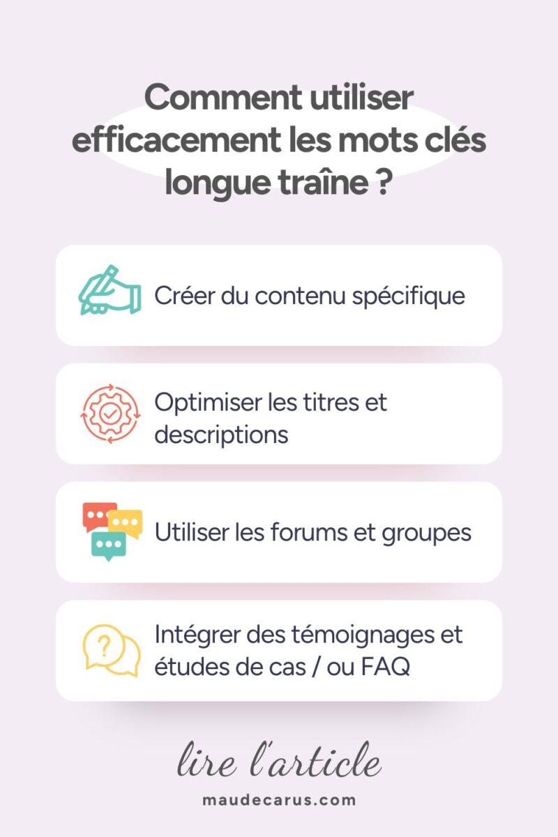 Infographie de l'article "Comment utiliser les mots clés courte traîne et les mots clés longue traîne" : Comment utiliser efficacement les mots clés longue traîne