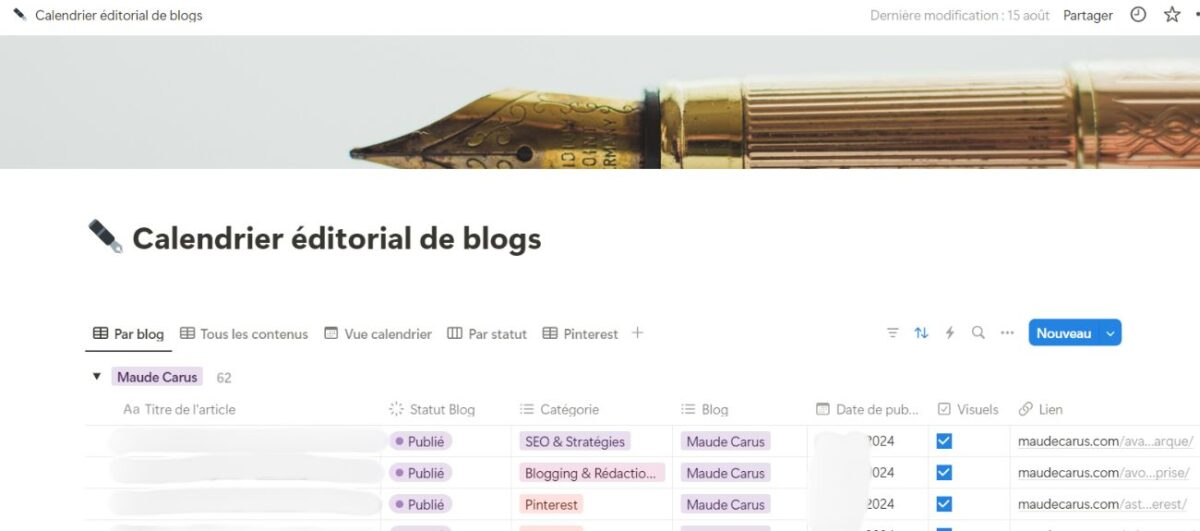 Calendrier éditorial efficace pour mon blog sur notion