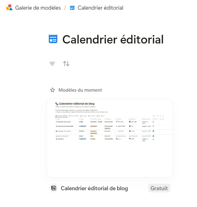 Calendrier éditorial efficace, un modèle notion gratuit